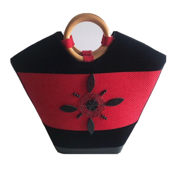 Red Woven Tote Handbag Black Velour Beaded Wooden Circular Handles Beach Purse - Picture 1 of 10